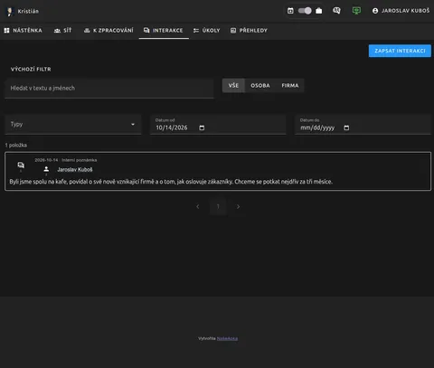 Přehled interakcí s filtrem podle textu, typu propojeného objektu, druhu a data