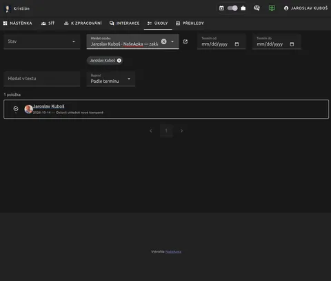Seznam úkolů s filtrem podle stavu, osoby, termínu a textu