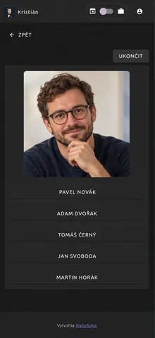 Kvíz s vytvořeným portrétem a pěti možnostmi jmen